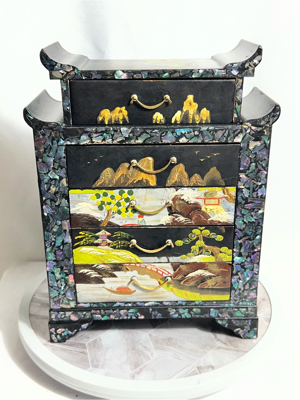 Vintage Japanese Lacquer Jewelry Chest Mother Of Pearl Inlay 6 Drawer Box